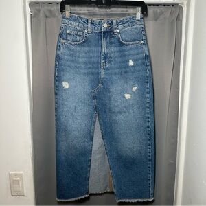 Francesca's Miami Blue Distressed Denim Midi Skirt XS